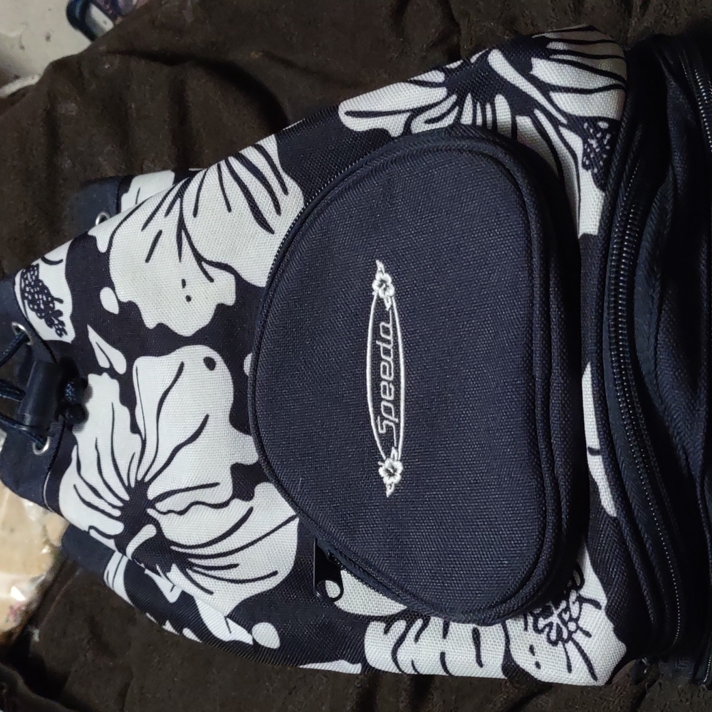 Speedo Bag Hawaiian Floral Canvas Drawstring Bucket Purse Hibiscus Tote Blue